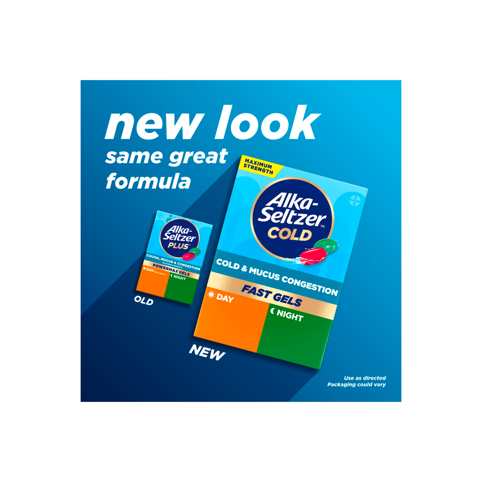 Old packaging and new packaging of Alka‑Seltzer™ Cold, Cold & Mucus Congestion Maximum Strength Day/Night Fast Gels.