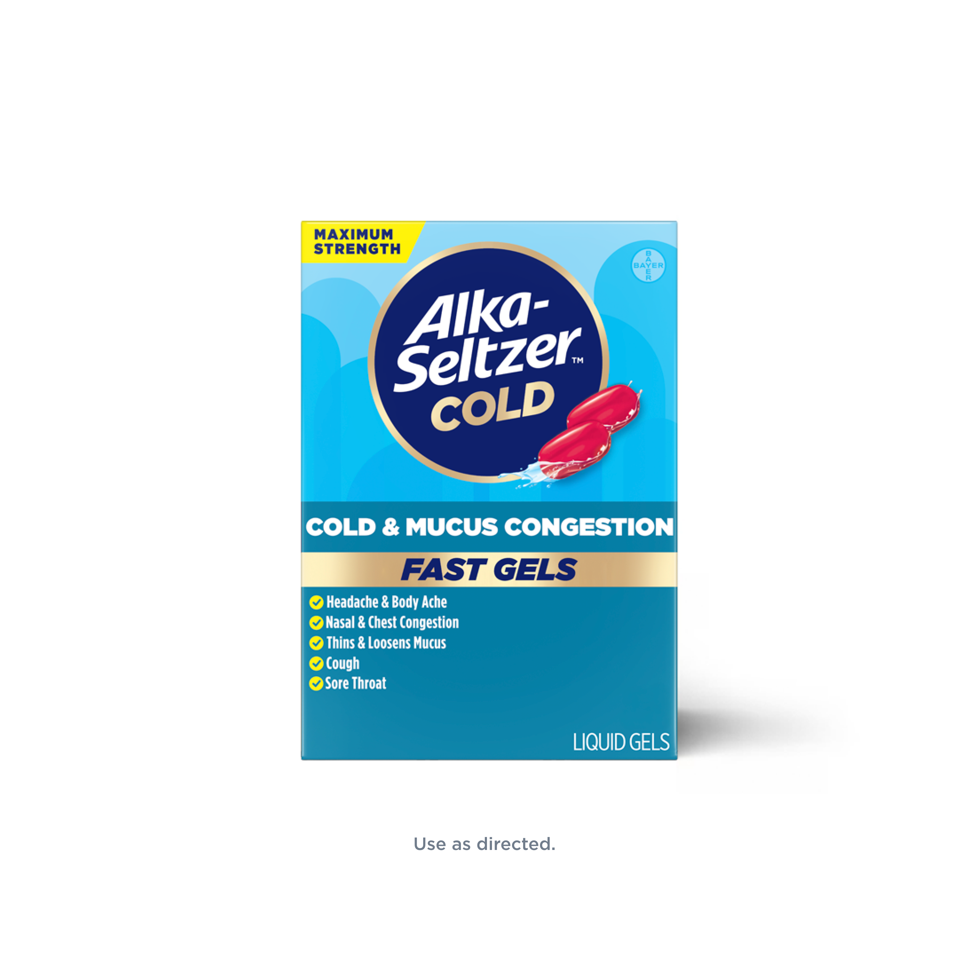 Blue pack of Alka‑Seltzer™ Cold, Cold & Mucus Congestion Maximum Strength Fast Gels.