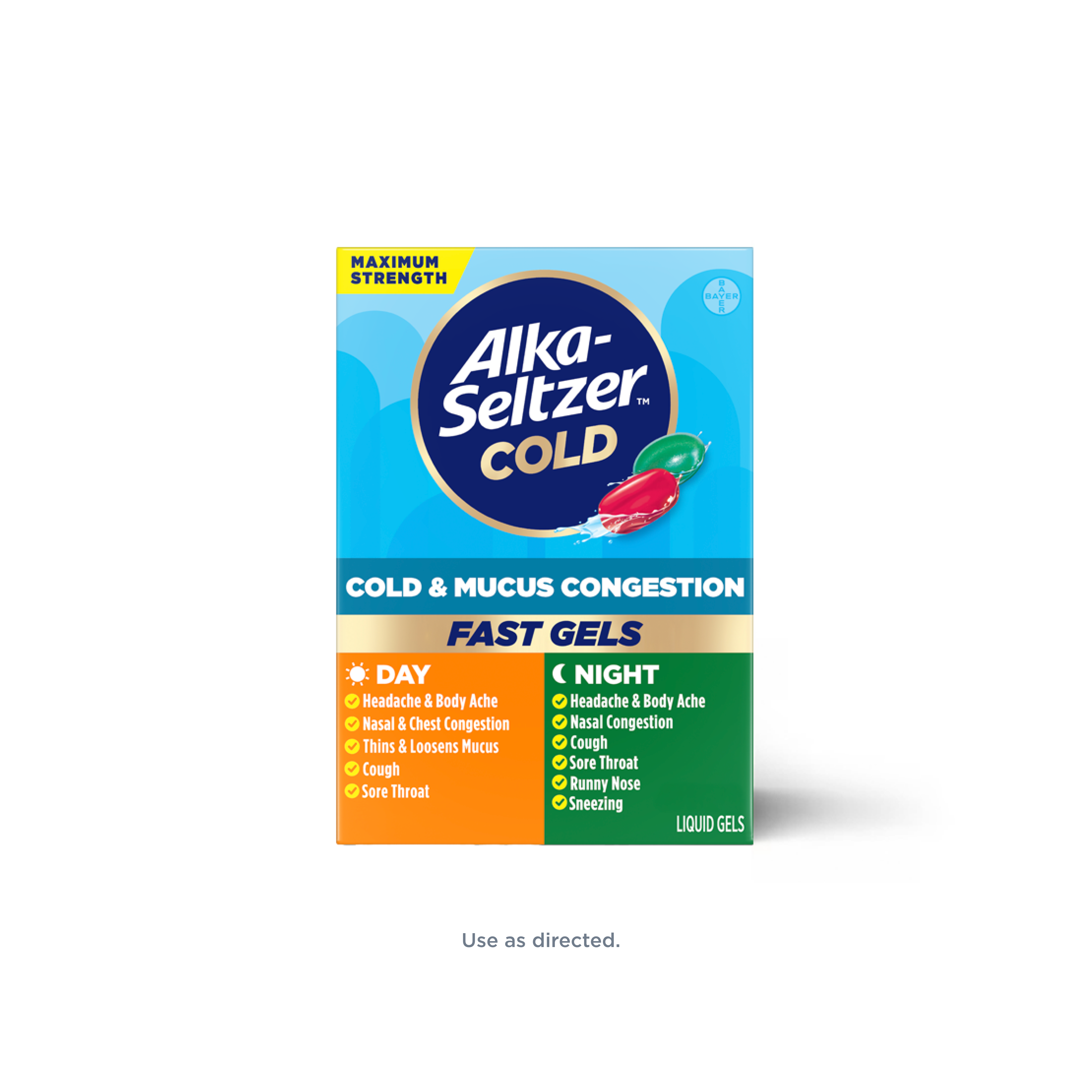 Blue-orange-green pack of Alka‑Seltzer™ Cold, Cold & Mucus Congestion Maximum Strength Fast Gels for day & nighttime relief.