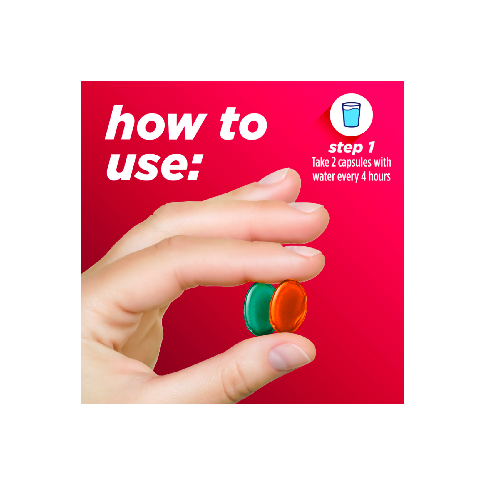 Hand holding two fast gels with instructions for taking Alka‑Seltzer™ Cold, Cold & Sinus Maximum Strength Day/Night Fast Gels.