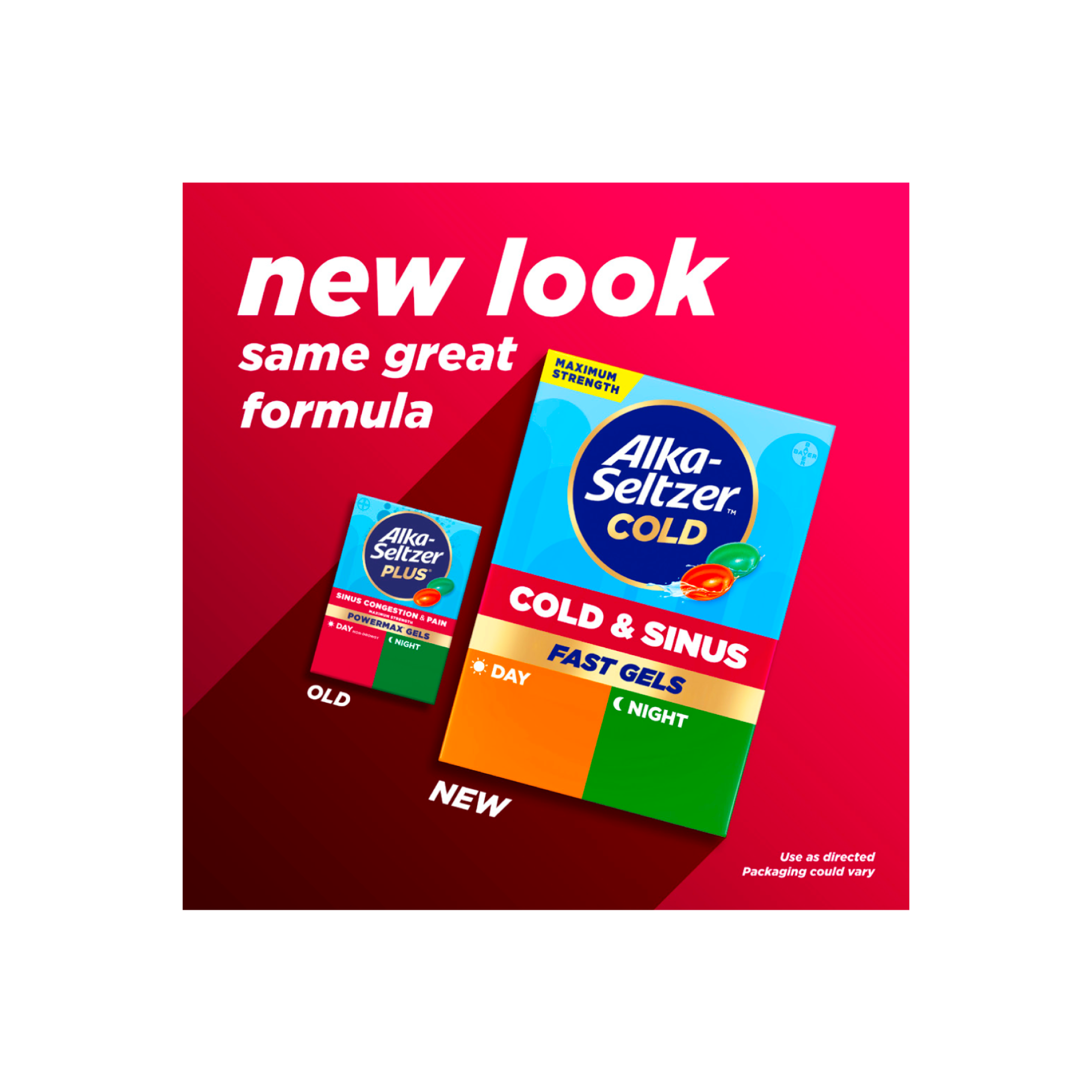 Old packaging and new packaging of Alka‑Seltzer™ Cold, Cold & Sinus Maximum Strength Day/Night Fast Gels.