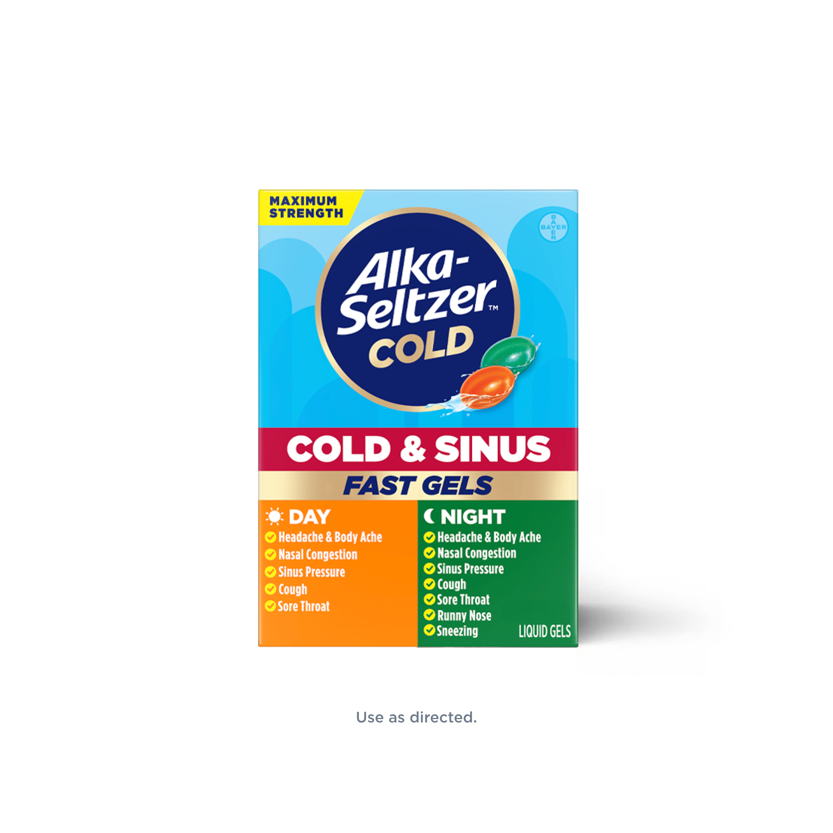 Blue-orange-green pack of Alka‑Seltzer™ Cold, Cold & Sinus Maximum Strength Fast Gels for day & nighttime relief.