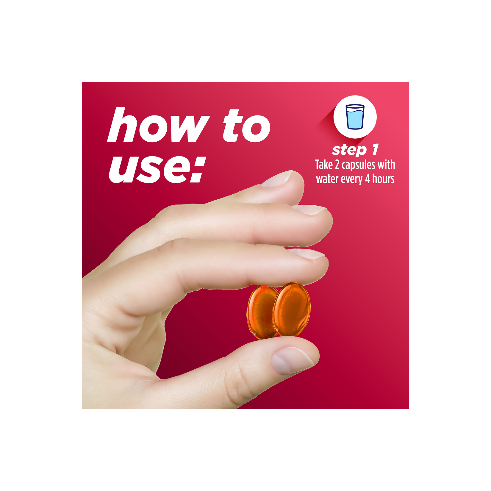 Hand holding two fast gels with instructions for taking Alka‑Seltzer™ Cold, Cold & Sinus Maximum Strength Fast Gels.