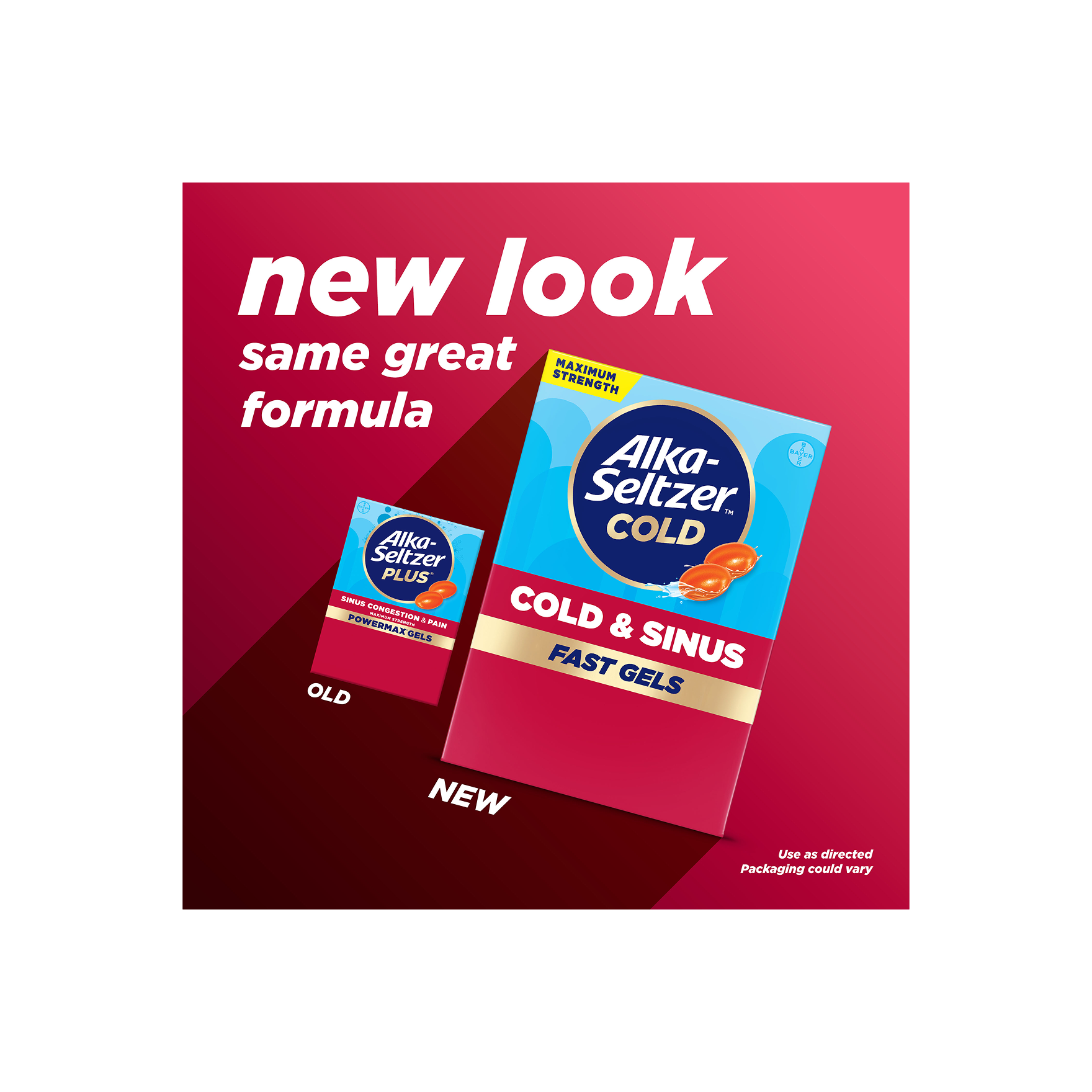 Old packaging and new packaging of Alka‑Seltzer™ Cold, Cold & Sinus Maximum Strength Fast Gels.