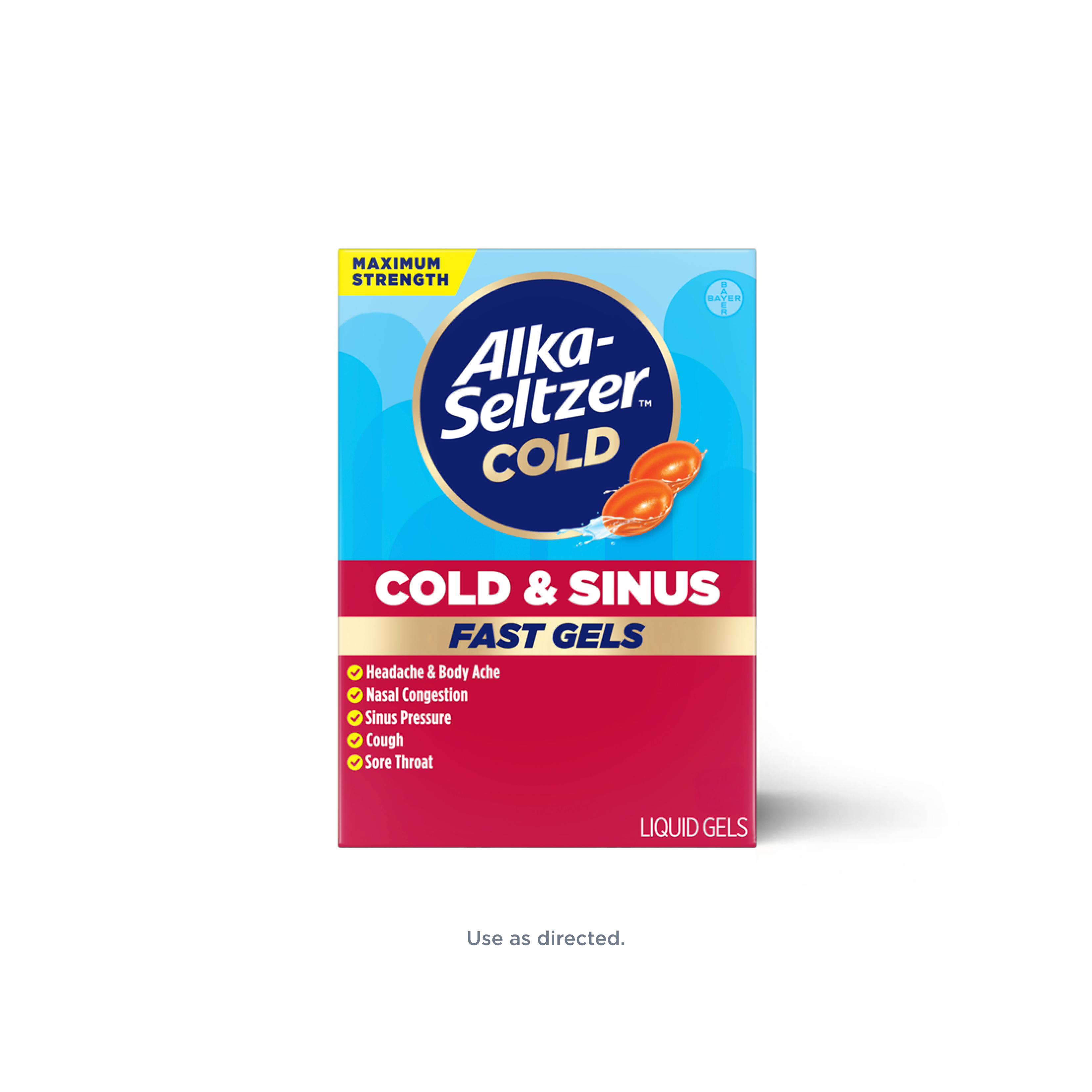 Blue and red pack of Alka‑Seltzer™ Cold, Cold & Sinus Maximum Strength Fast Gels.