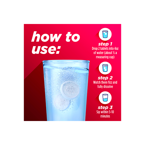 A glass of water and three steps instructions on using Alka‑Seltzer™ Cold, Cold & Sinus Maximum Strength Fast Dissolve Tablets.