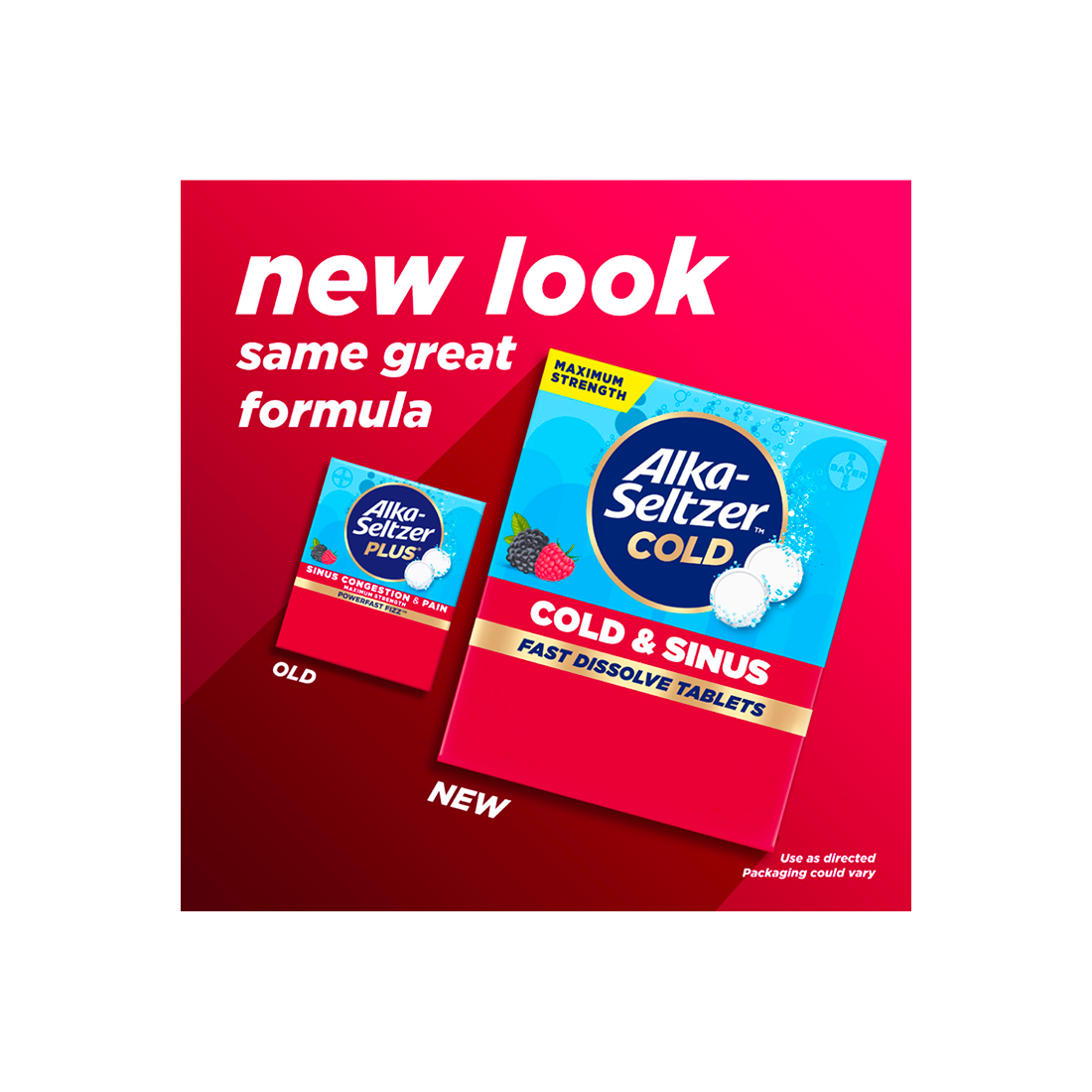 Old packaging and new packaging of Alka‑Seltzer™ Cold, Cold & Sinus Maximum Strength Fast Dissolve Tablets.