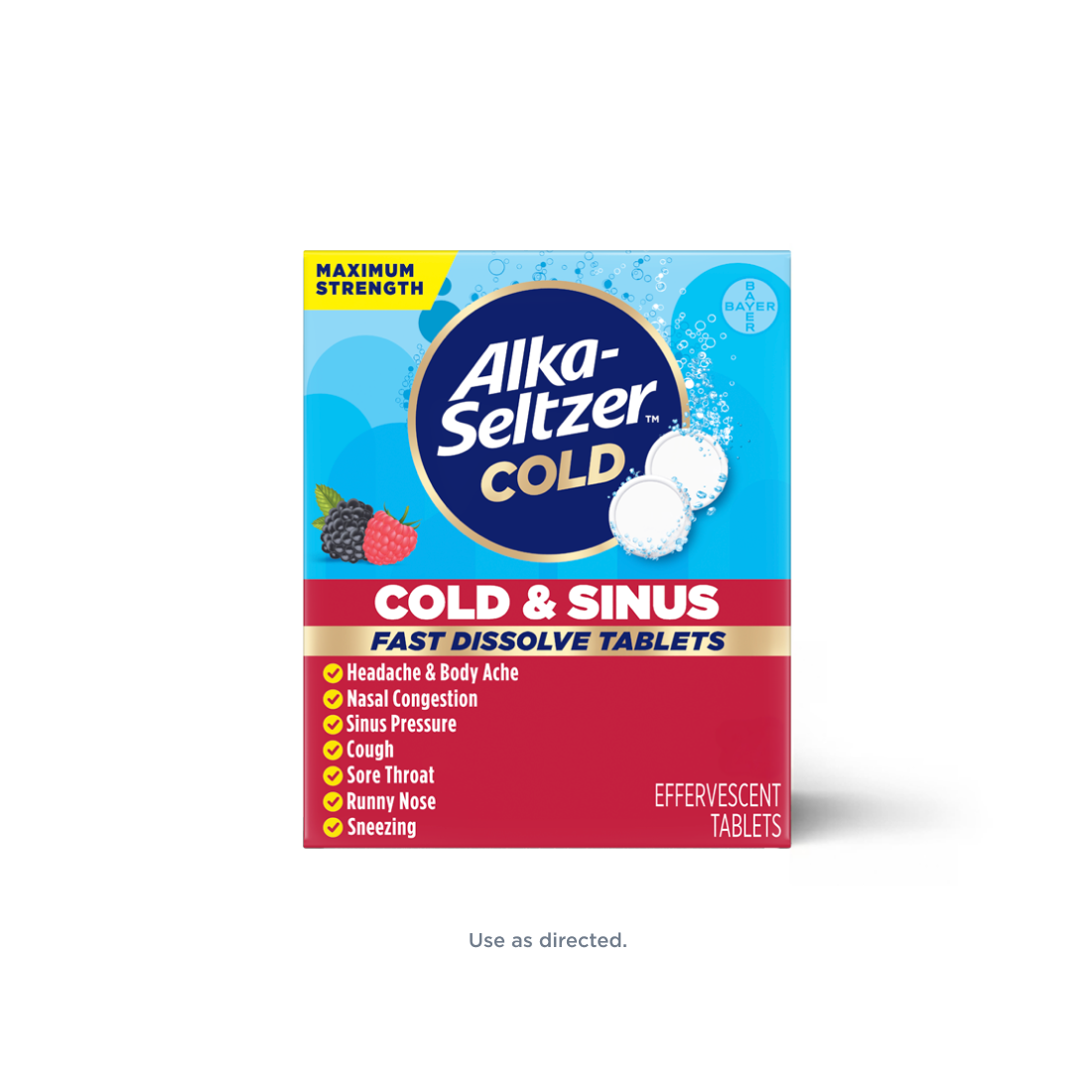 Blue and pink pack of berry flavored Alka‑Seltzer™ Cold, Cold & Sinus Maximum Strength Fast Dissolve Tablets.