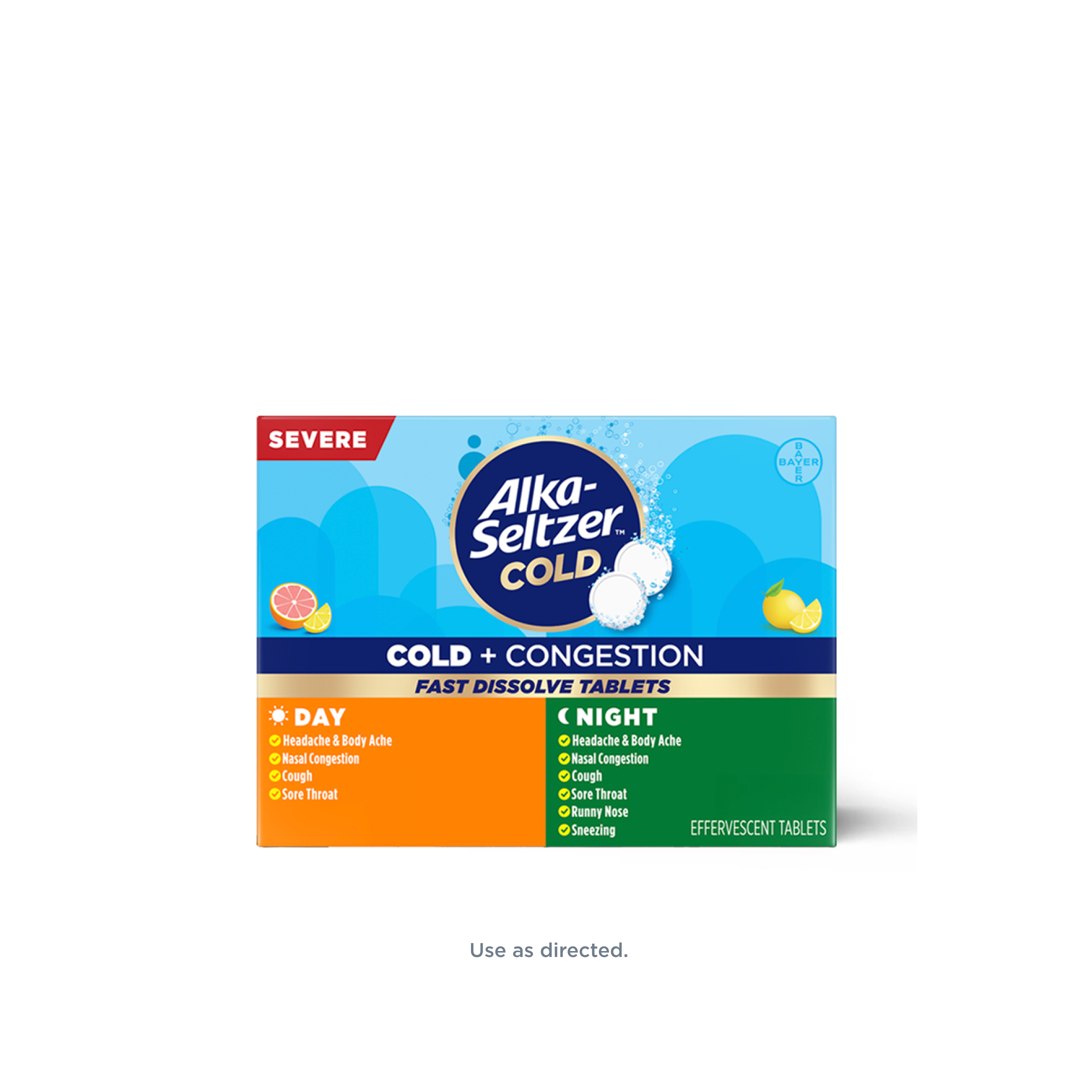 Blue-orange-green pack of Alka-Seltzer™ Cold, Cold + Congestion Severe Day/Night Fast Dissolve Tablets, Citrus Flavor.
