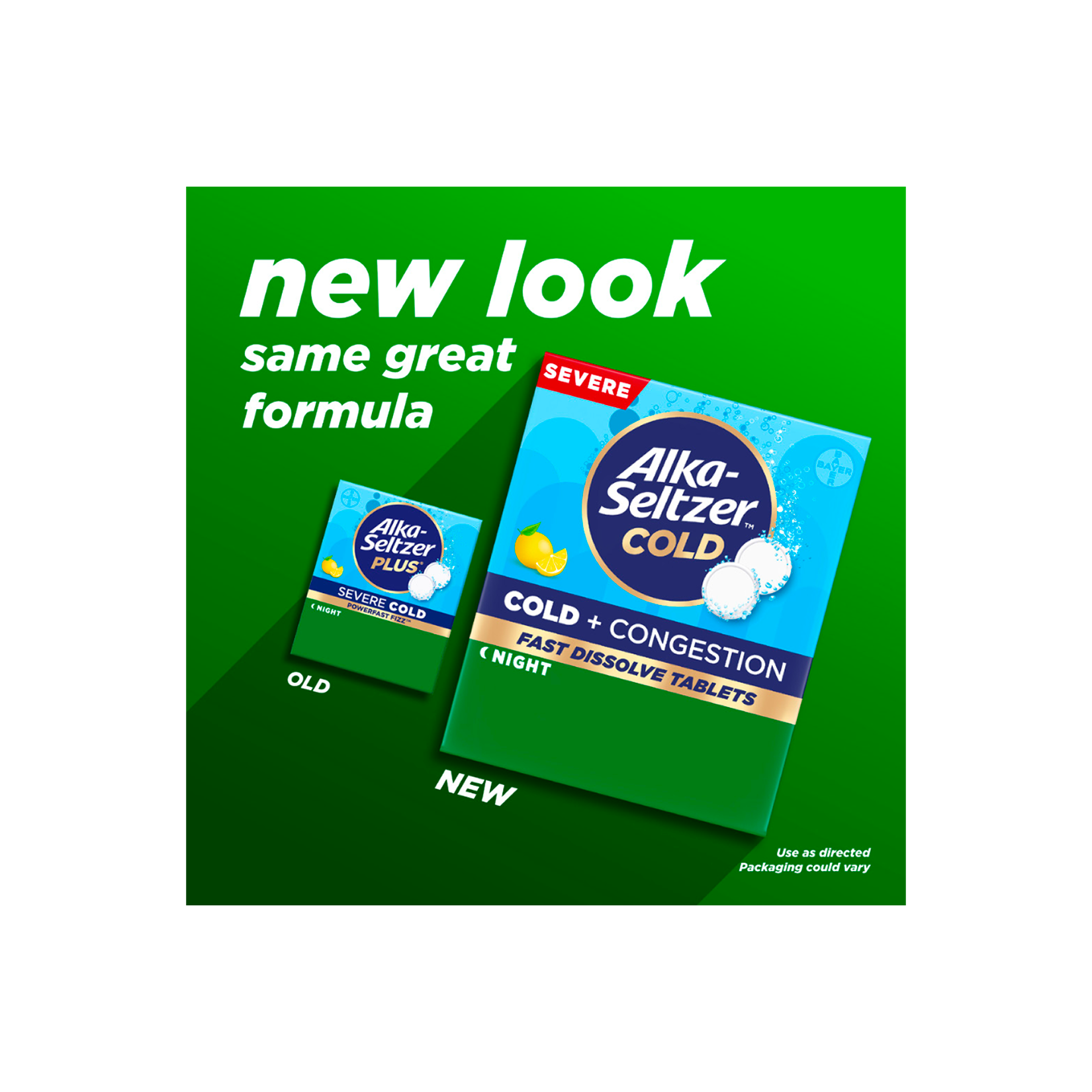 Old packaging and new packaging of Alka‑Seltzer™ Cold, Cold + Congestion Severe Night Fast Dissolve Tablets.