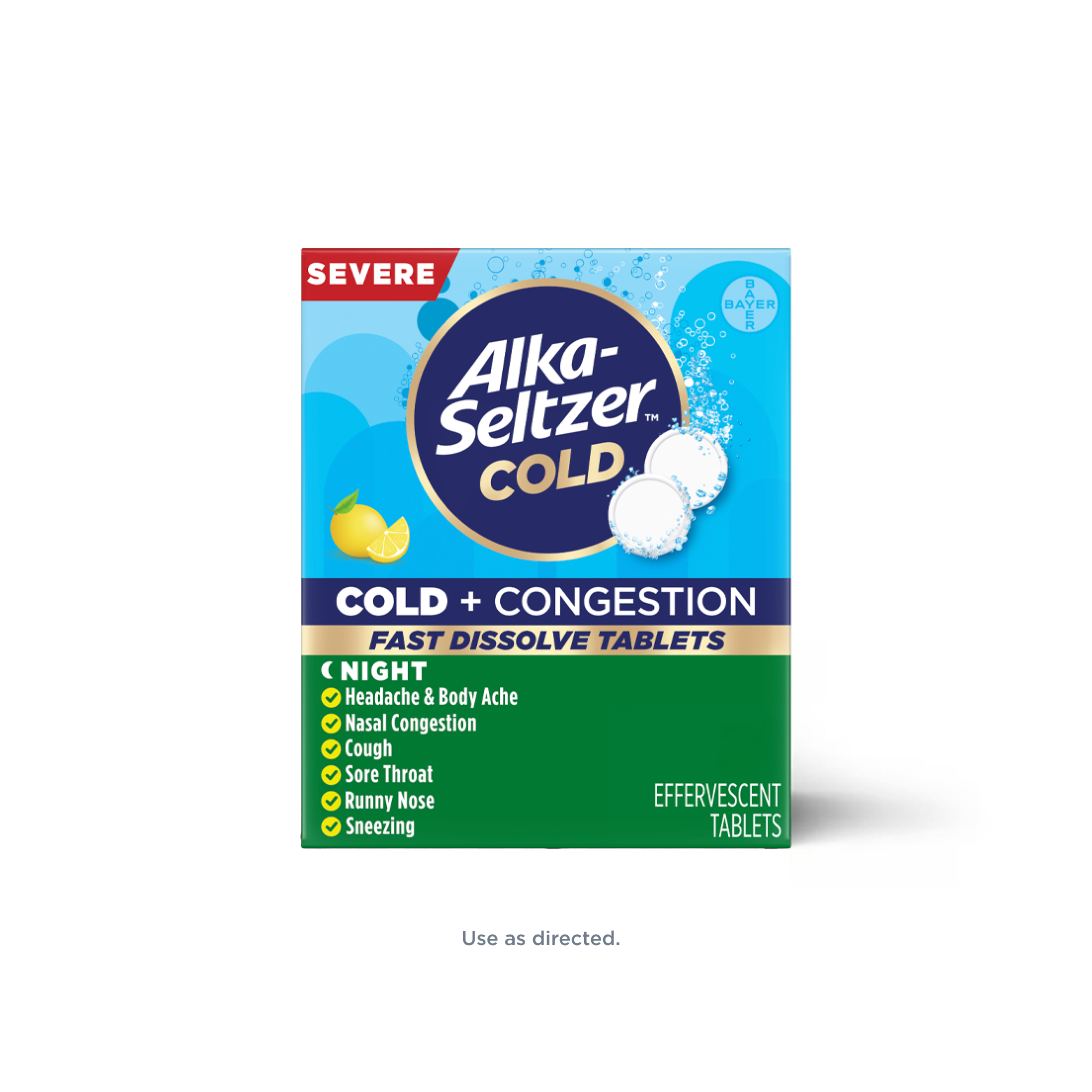 Blue and green pack of lemon flavored Alka‑Seltzer™ Cold, Cold + Congestion Severe Night Fast Dissolve Tablets.