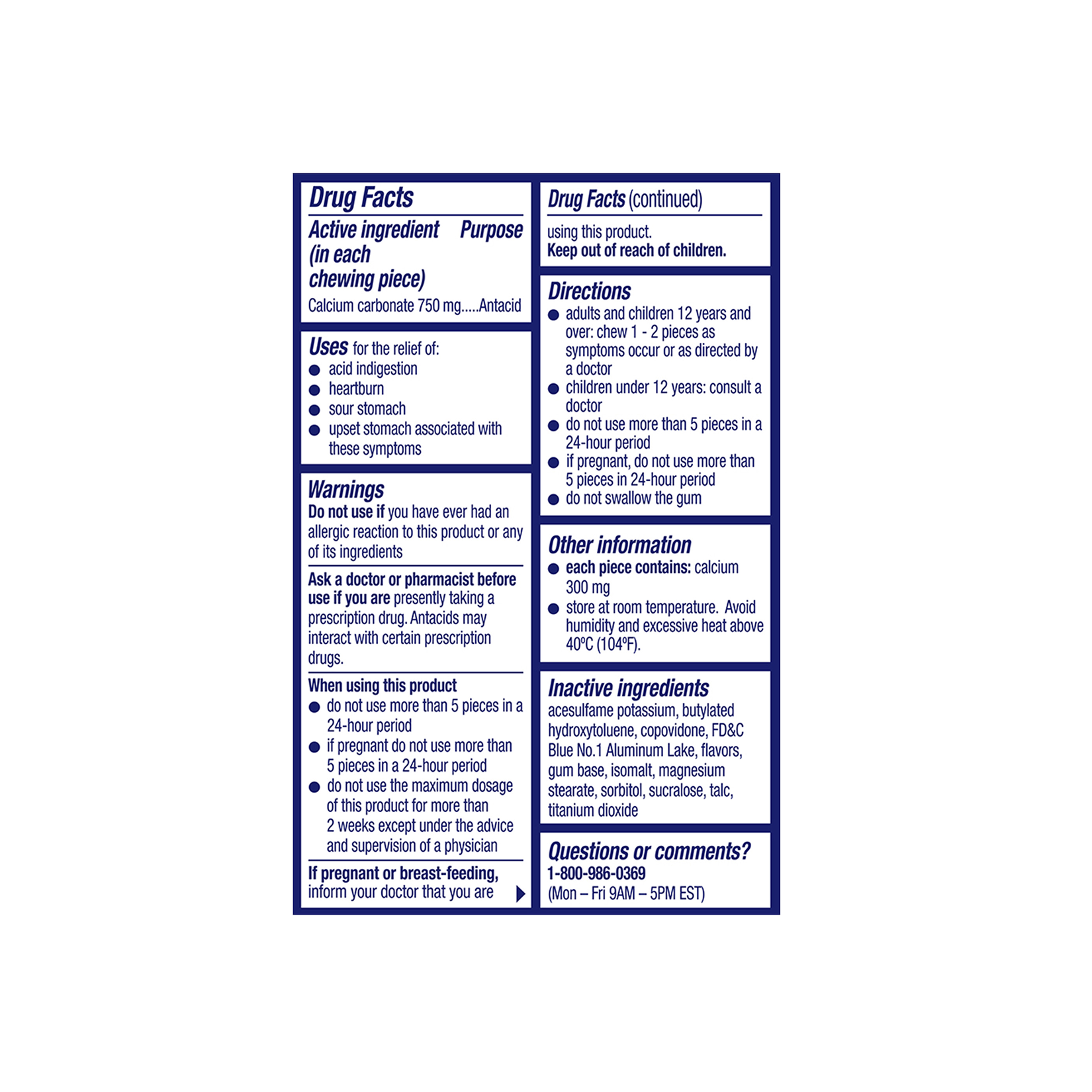Drug Facts panel showing ingredients, warnings, dosage directions for Alka-Seltzer® Cool Action® Heartburn Relief Gum. 