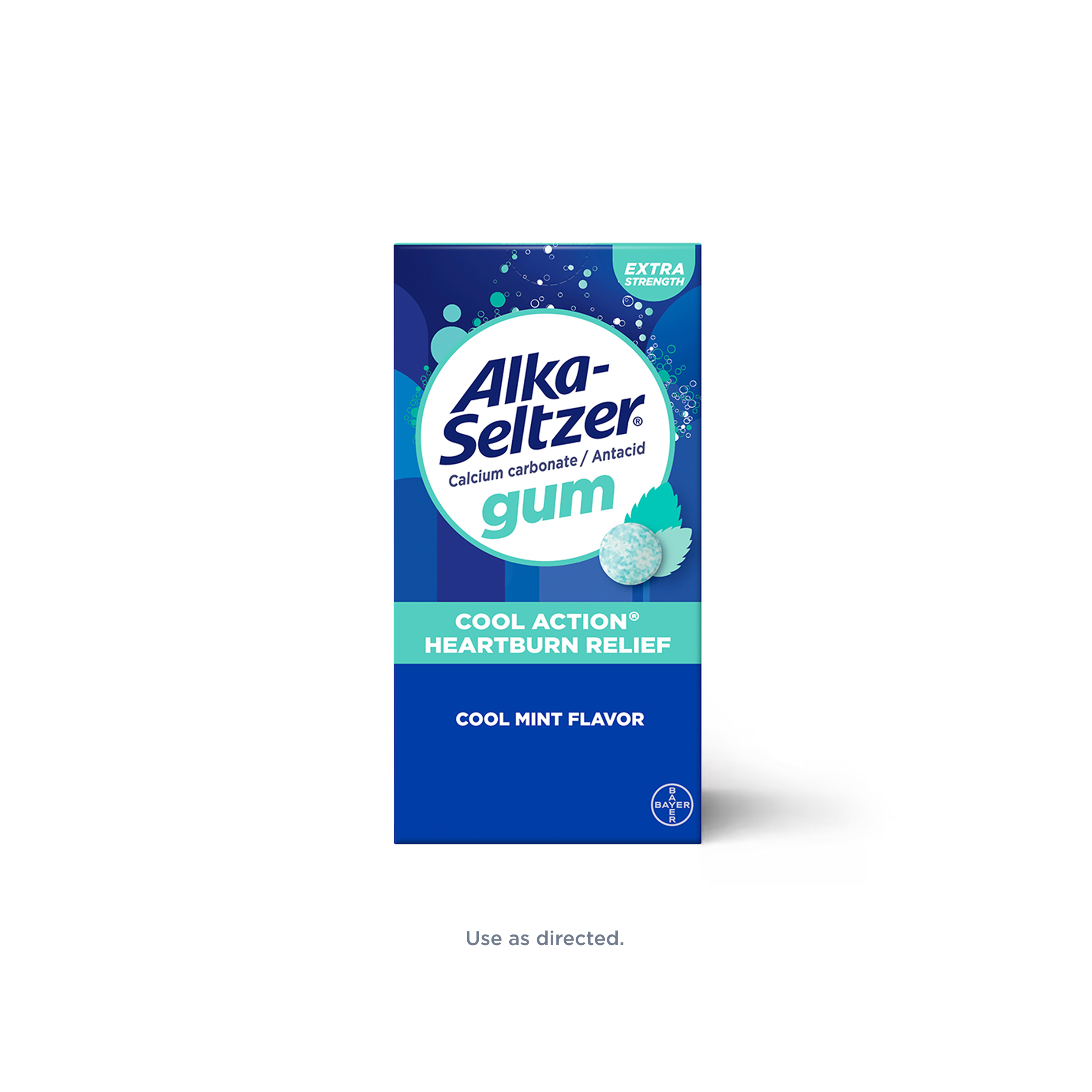 Blue- green pack of Alka-Seltzer® Cool Action® Heartburn Relief Gum, a mint flavored gum for heartburn relief.