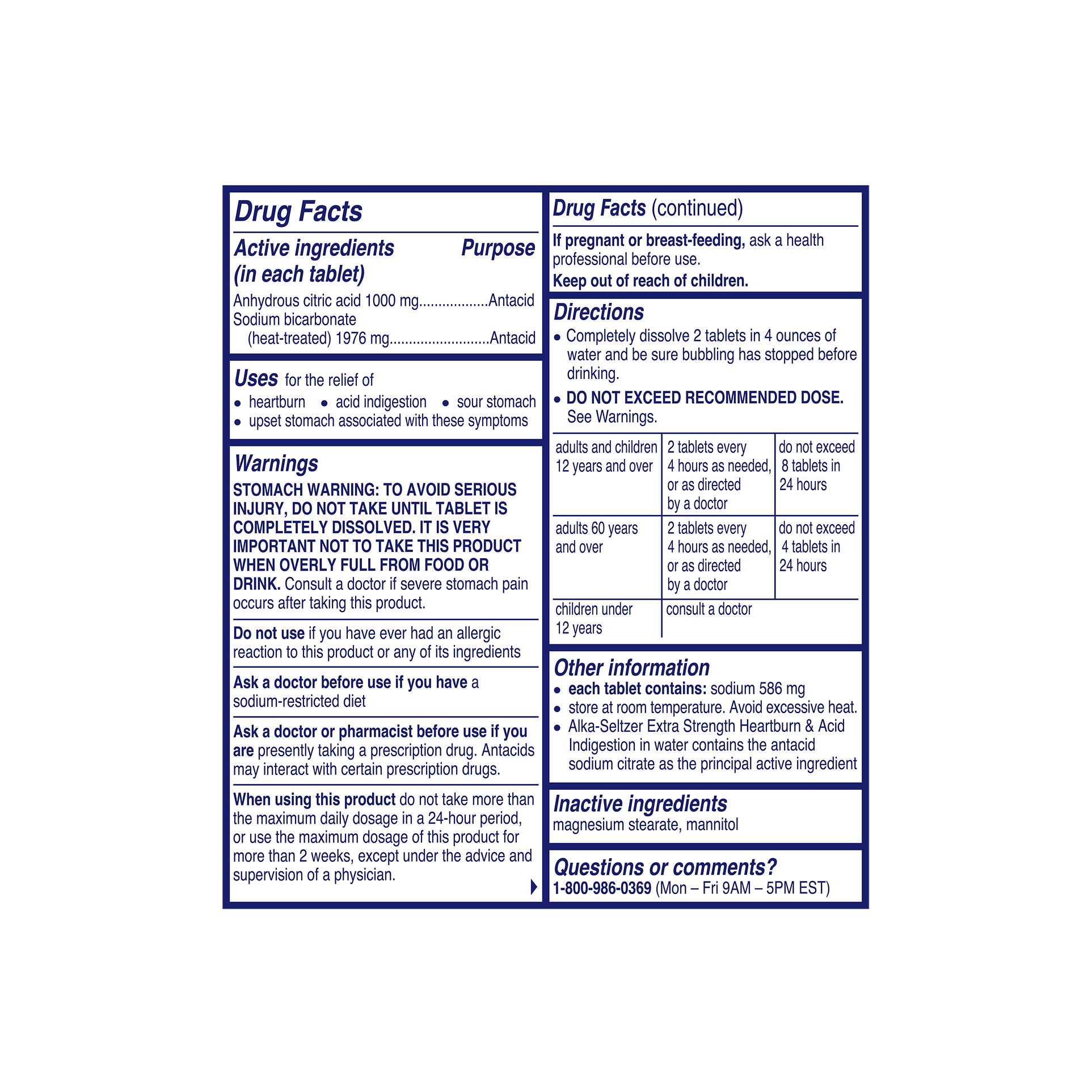 Drug Facts panel showing ingredients, warnings, dosage directions for Alka Seltzer® Extra Strength Heartburn & Acid Indigestion Effervescent Tablets.
