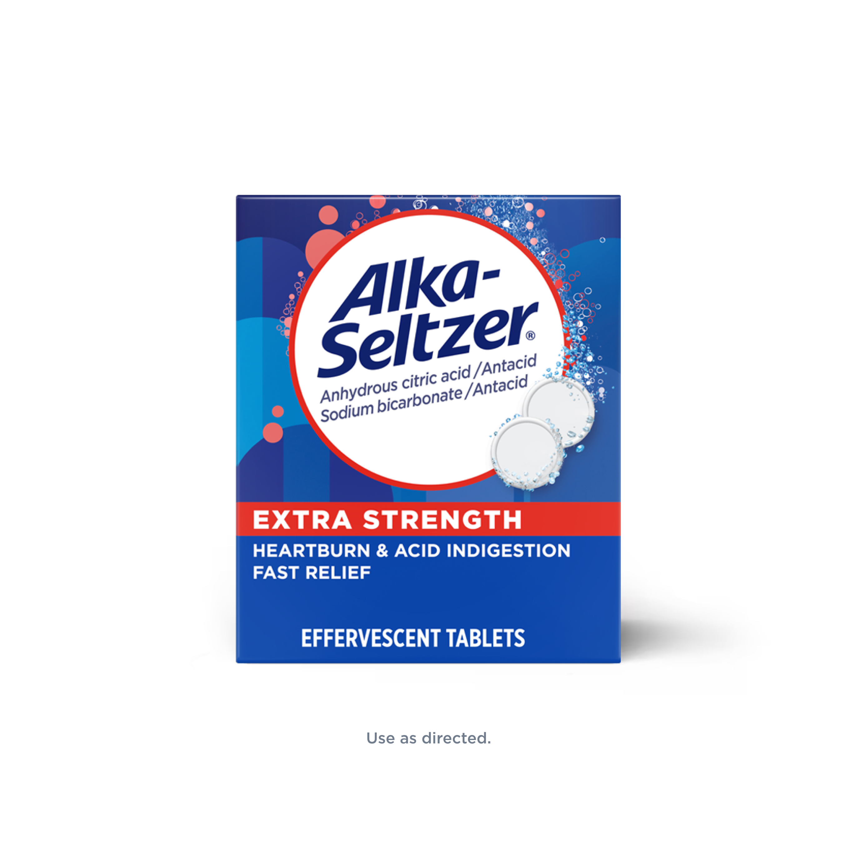 Blue-red carton of Alka Seltzer® Extra Strength Heartburn & Acid Indigestion Effervescent Tablets.