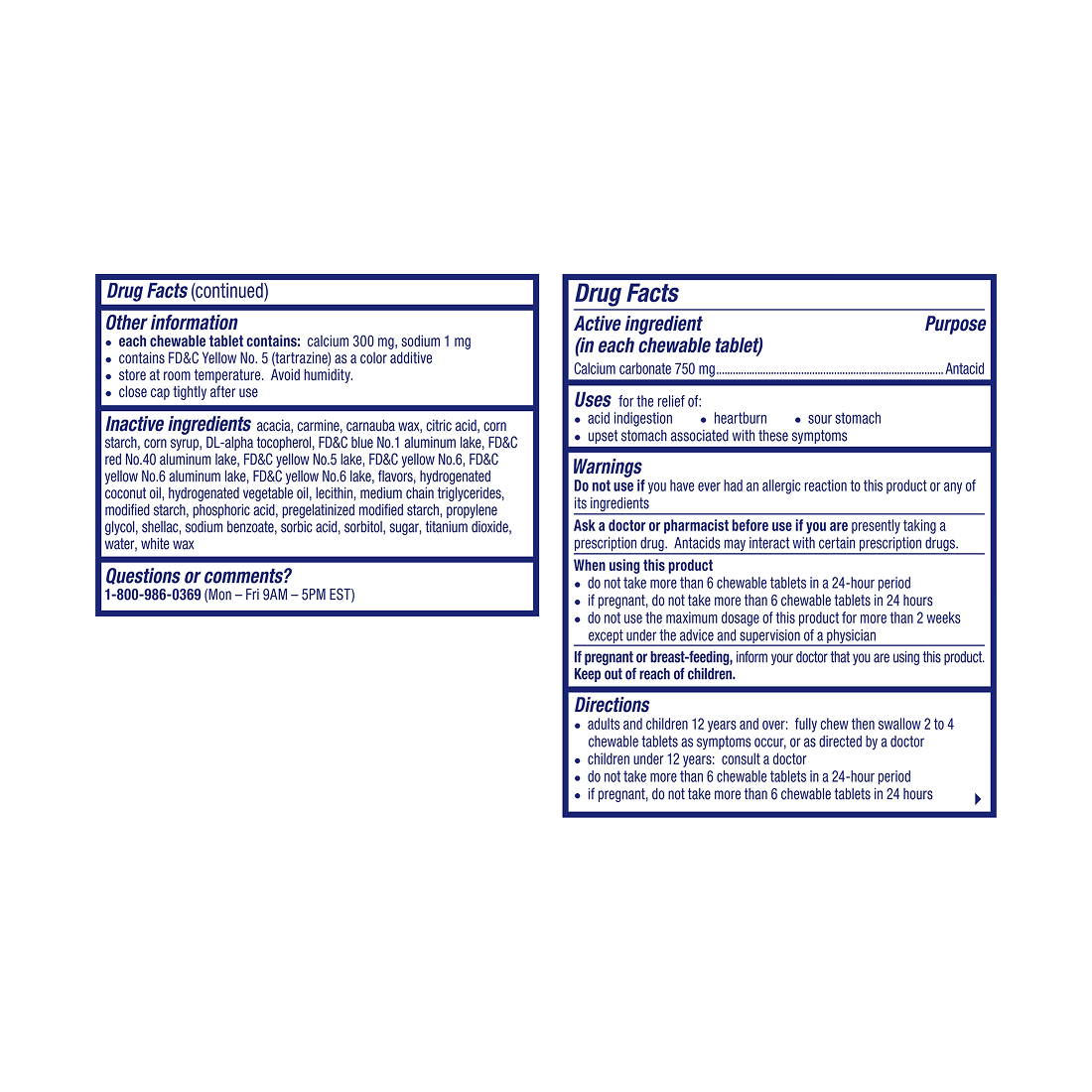 Drug Facts panel showing ingredients, warnings, dosage directions for Alka-Seltzer® Extra Strength Heartburn ReliefChews®.