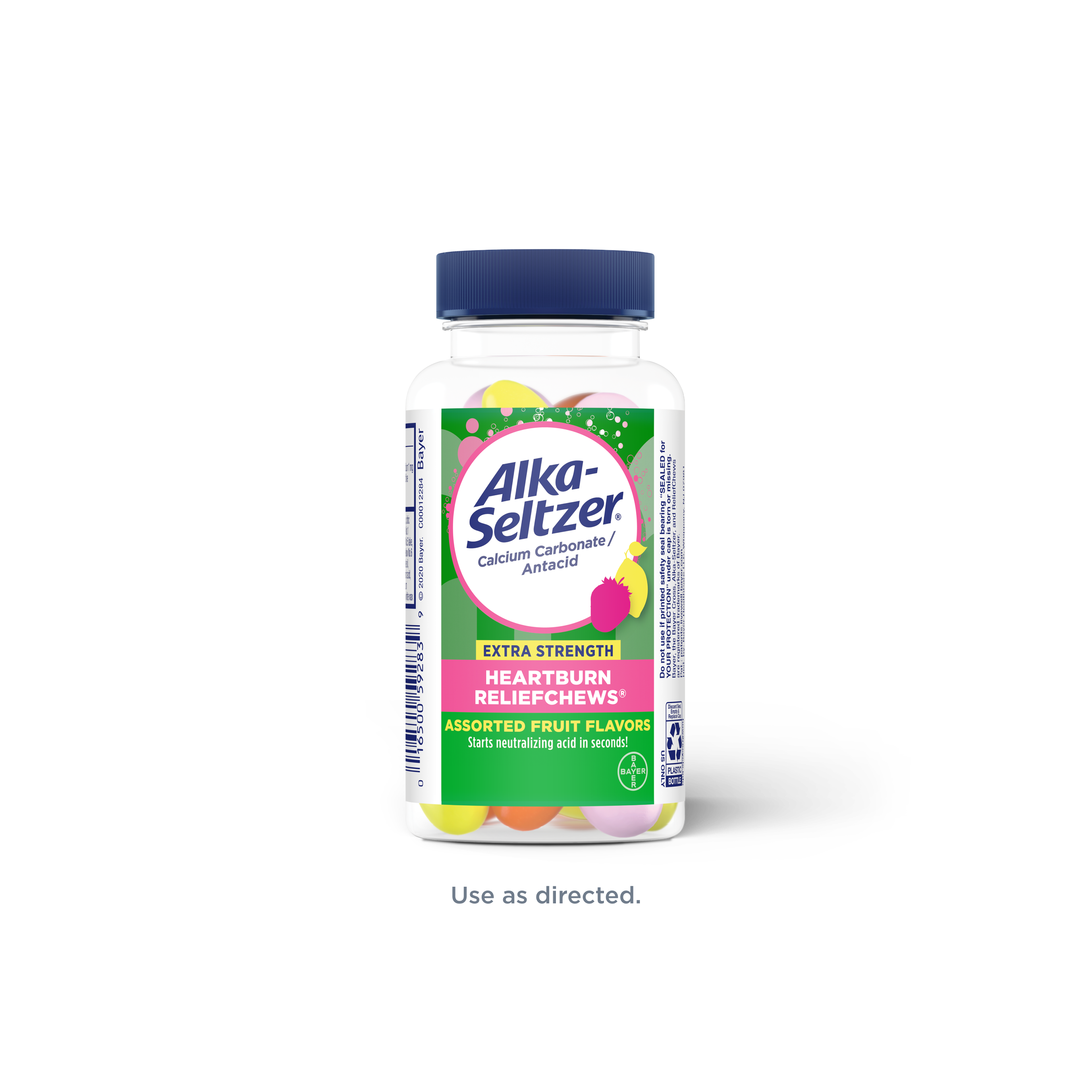 Bottle of Alka-Seltzer® Extra Strength Heartburn ReliefChews®, an assorted fruit flavored chewables for on-the-go heartburn relief.