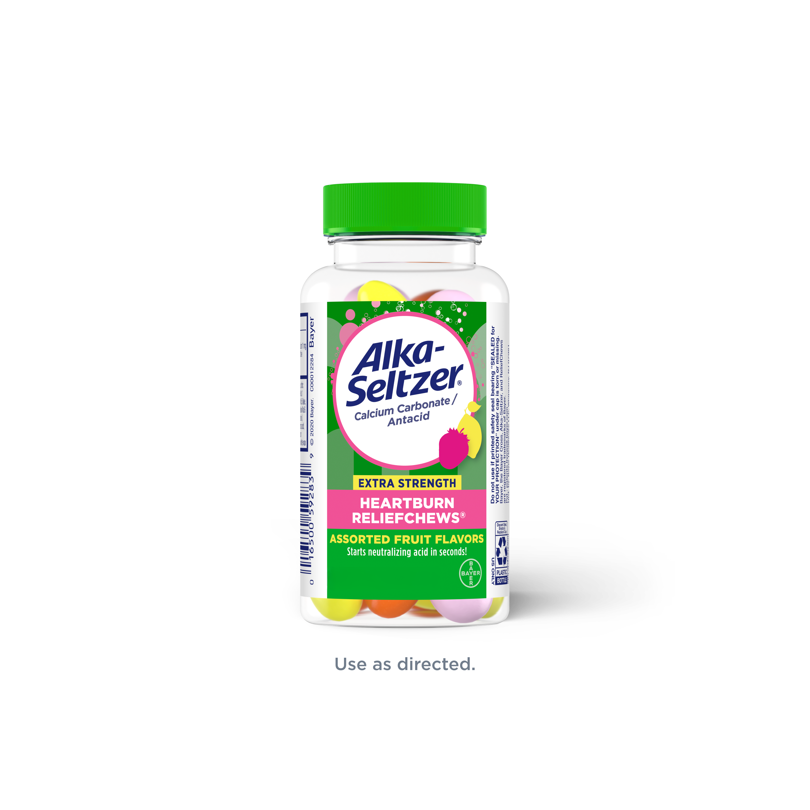 Bottle of Alka-Seltzer® Extra Strength Heartburn ReliefChews®, an assorted fruit flavored chewables for on-the-go heartburn relief.