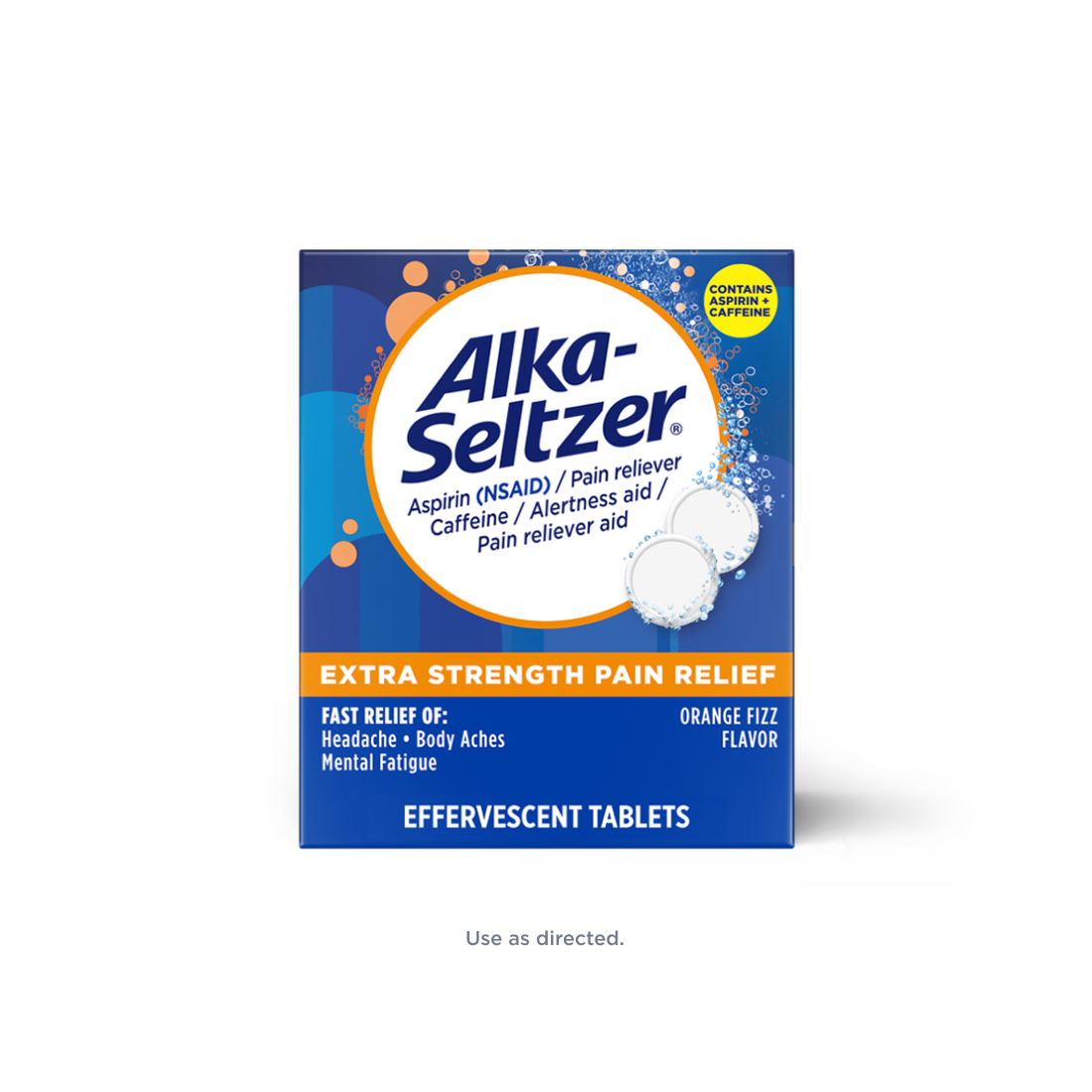 Blue-orange carton of orange flavored Alka-Seltzer® Extra Strength Pain Relief + Caffeine Effervescent Tablets.
