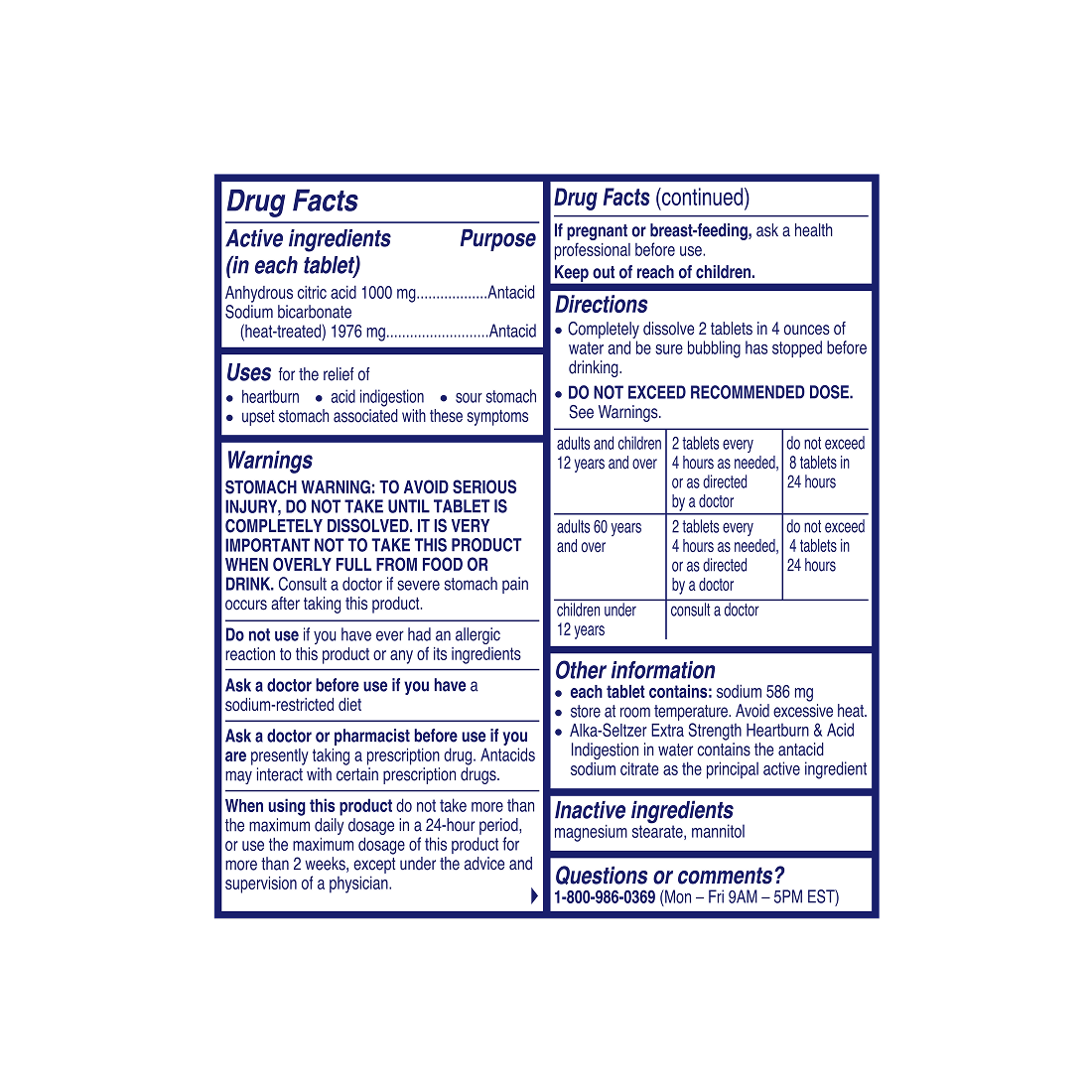 Drug Facts panel for Alka-Seltzer® Extra Strength Pain Relief + Caffeine Effervescent Tablets.
