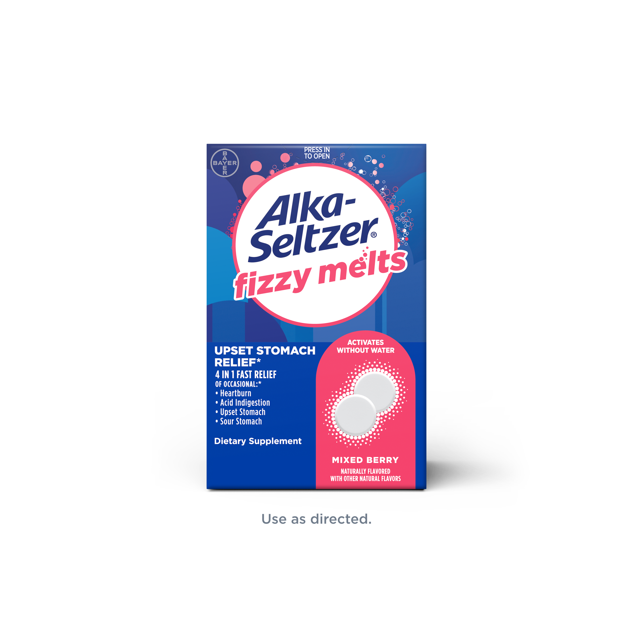 Blue and pink pack of Alka-Seltzer® Fizzy Melts Tablets, a berry flavored supplement for occasional upset stomach relief.