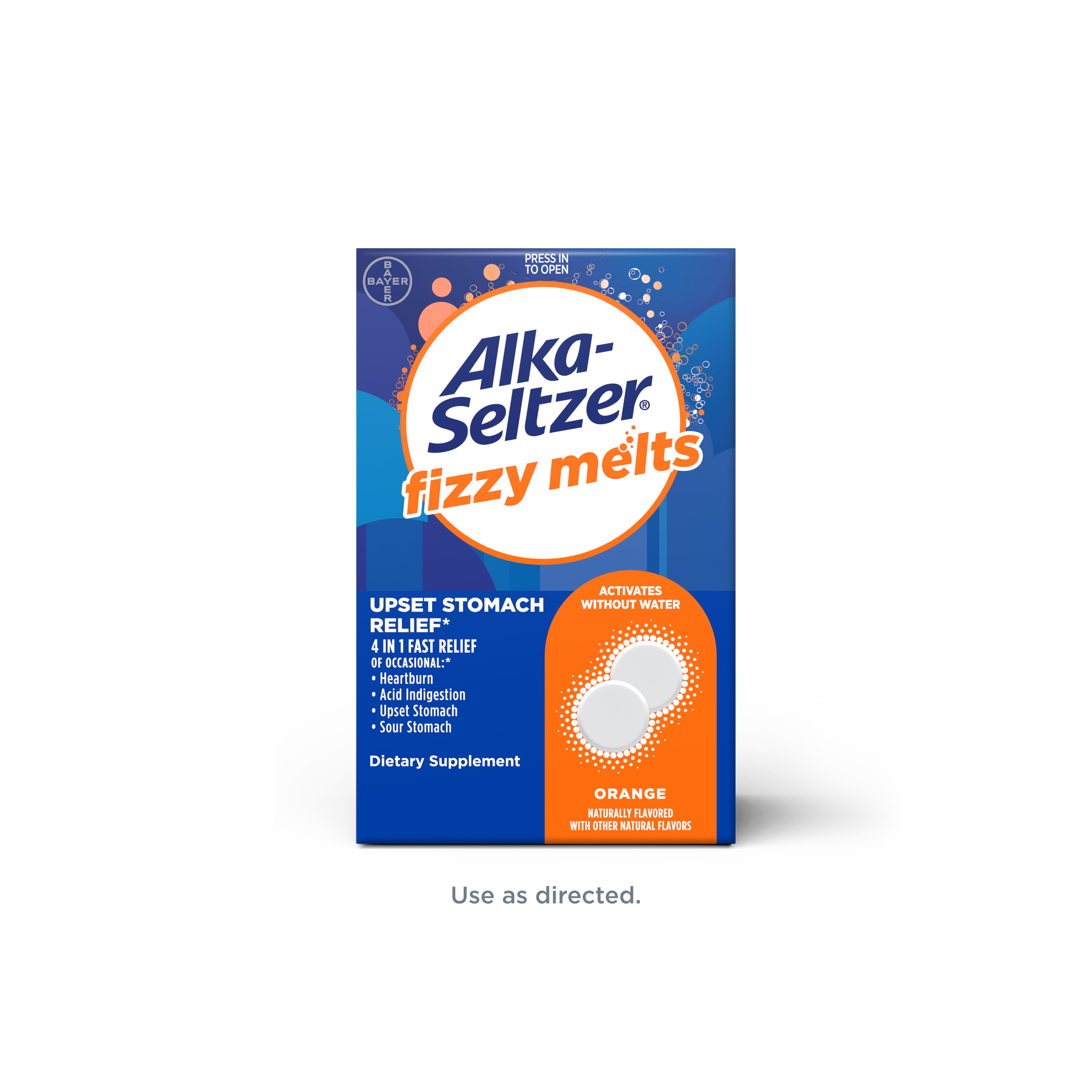Blue and orange pack of Alka-Seltzer® Fizzy Melts Tablets, an orange flavored supplement for occasional upset stomach relief.