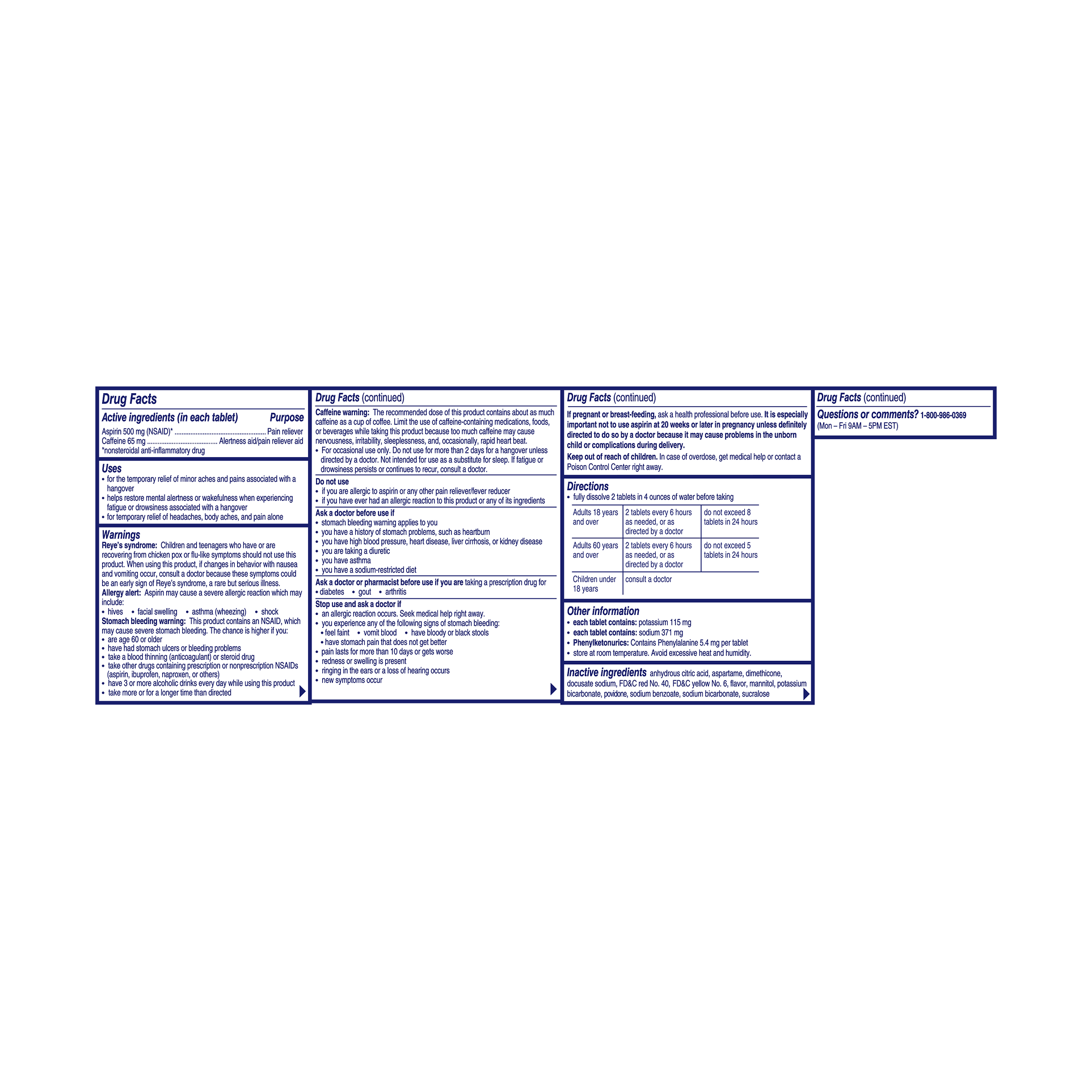 Drug Facts panel showing ingredients, warnings, dosage directions for Alka-Seltzer® Hangover Relief Effervescent Tablets.