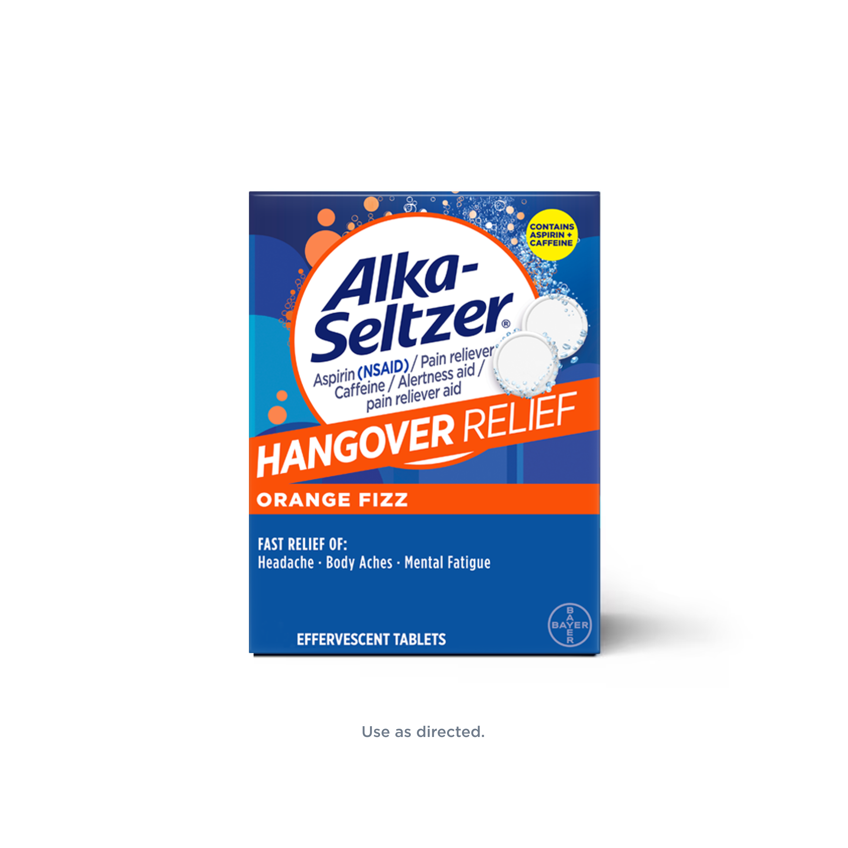 Blue and orange pack of orange flavored Alka-Seltzer® Hangover Relief Effervescent Tablets.