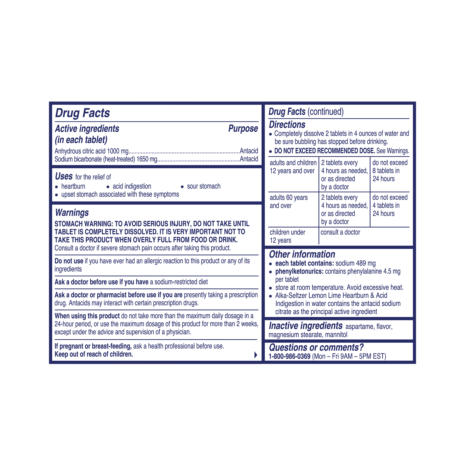 Drug Facts panel showing ingredients, warnings, dosage directions for Alka Seltzer® Heartburn & Acid Indigestion Effervescent Tablets, lemon lime flavor.