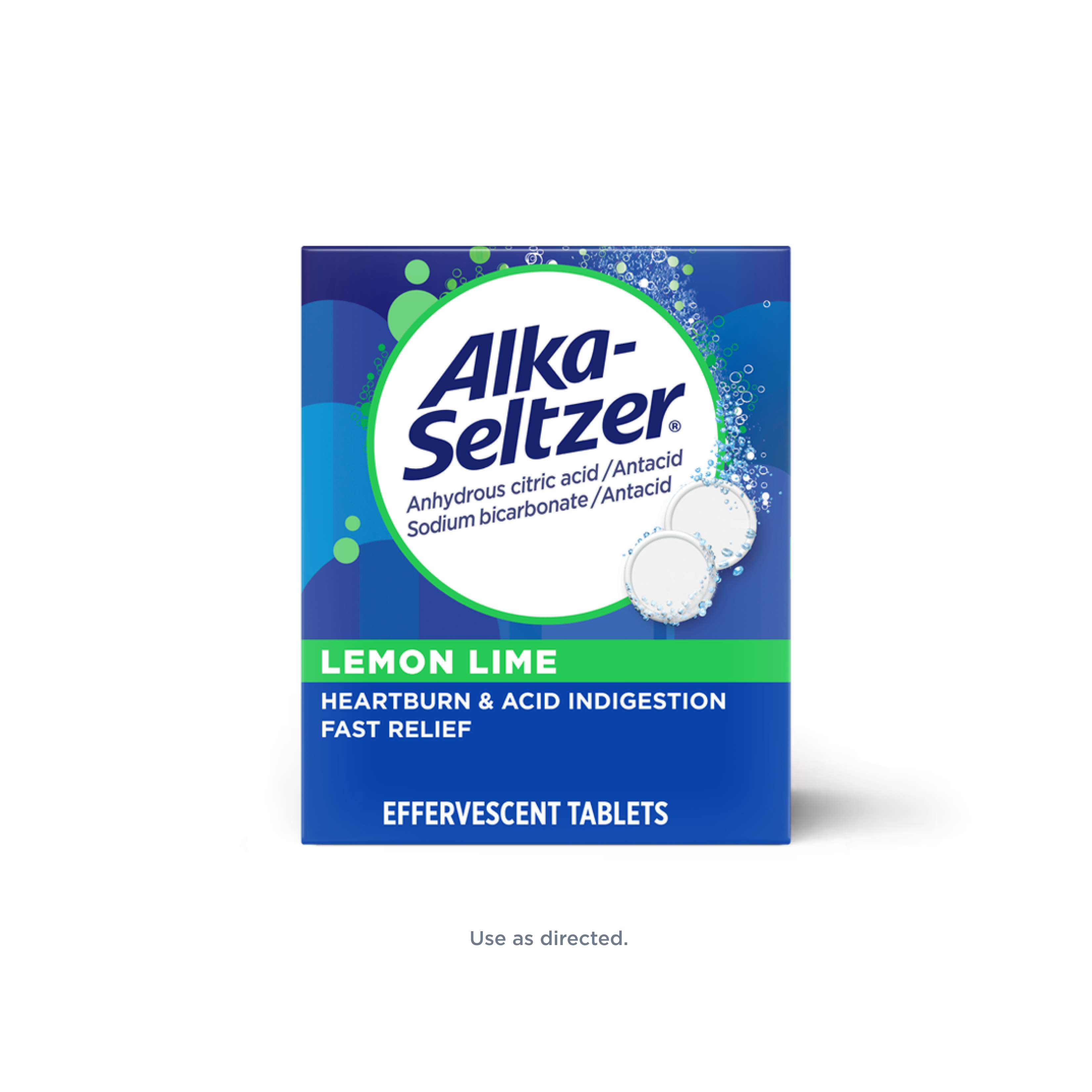 Blue-green carton of lemon lime flavored Alka-Seltzer® Heartburn & Acid Indigestion Effervescent Tablets, lemon lime flavor.