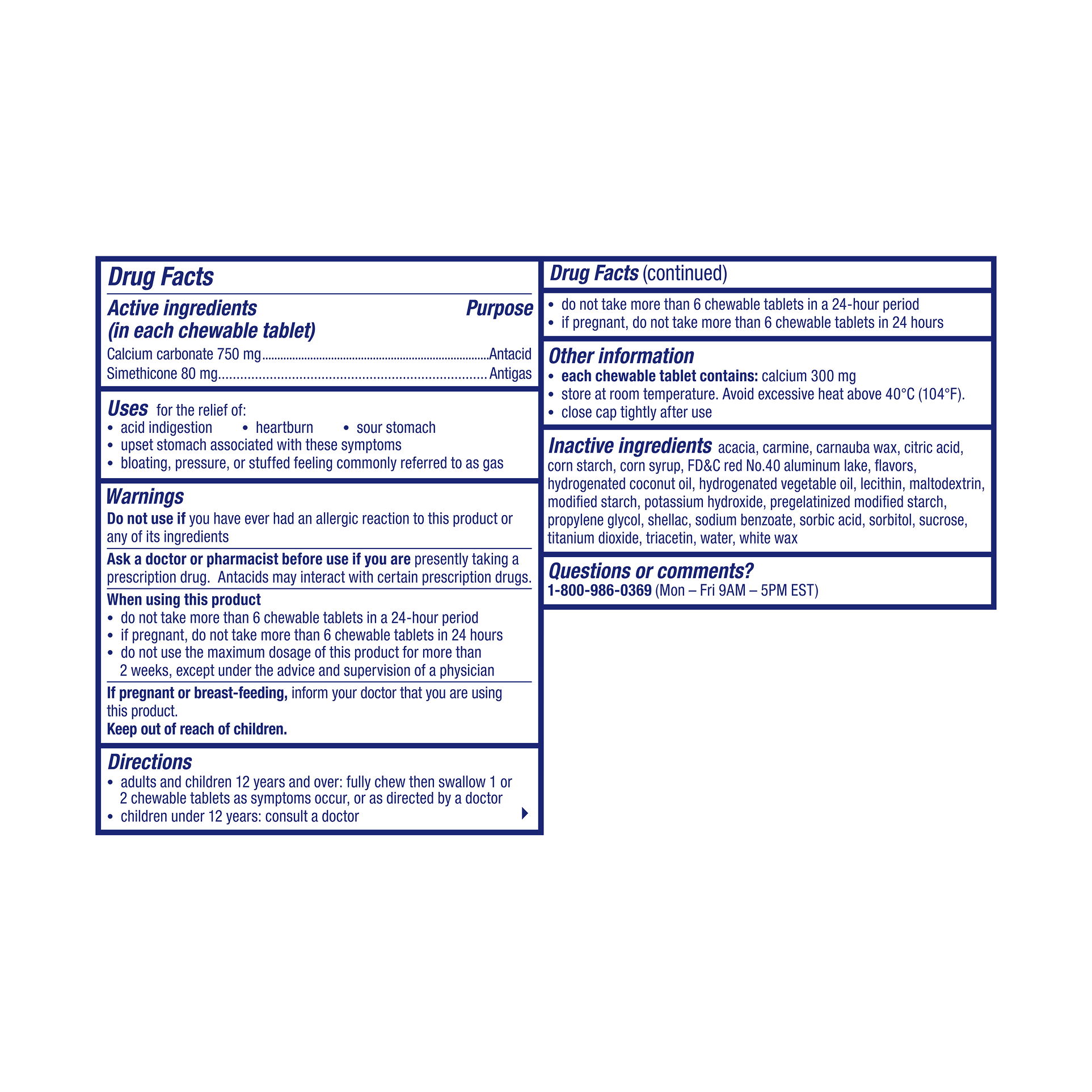 Drug Facts panel showing ingredients, warnings, dosage directions for  Alka-Seltzer® Heartburn + Gas ReliefChews®.