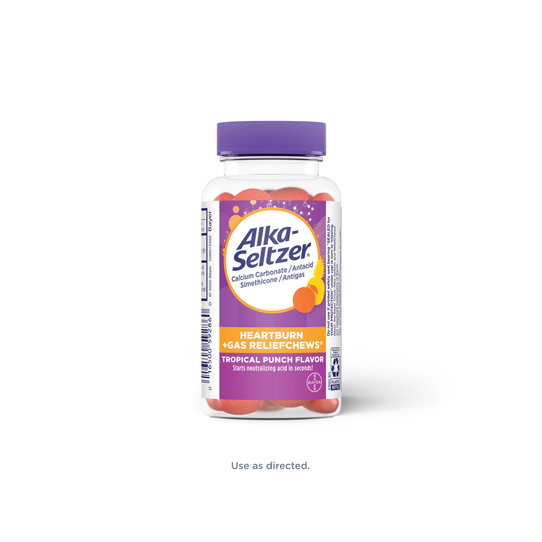 Bottle of Alka-Seltzer® Heartburn + Gas ReliefChews® with pink and orange label.