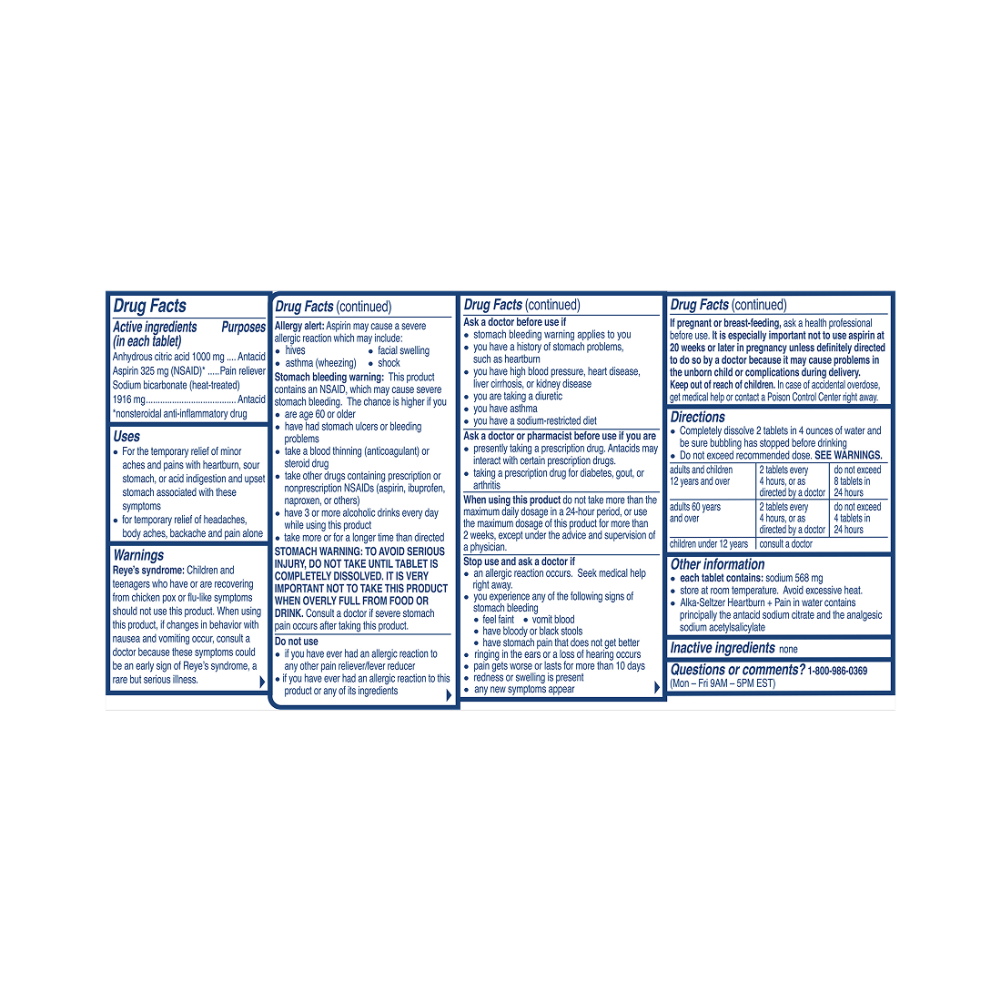 Drug Facts panel showing ingredients, warnings, dosage directions for Alka Seltzer® Heartburn + Pain Effervescent Tablets.