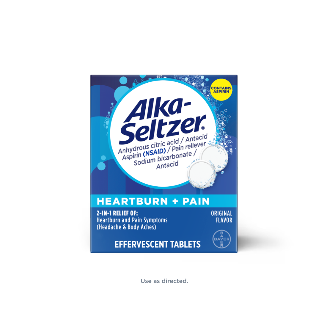 Blue carton of original flavor Alka Seltzer® Heartburn + Pain Effervescent Tablets for heartburn and pain relief.