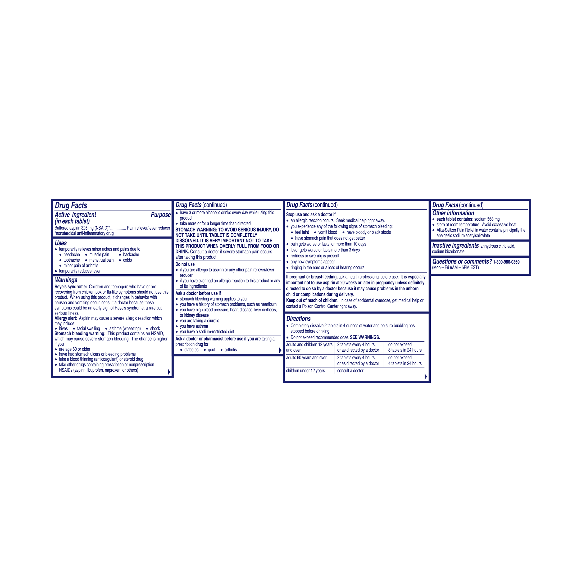 Drug Facts panel showing ingredients, warnings, dosage directions for Alka Seltzer® Pain Relief Effervescent Tablets.
