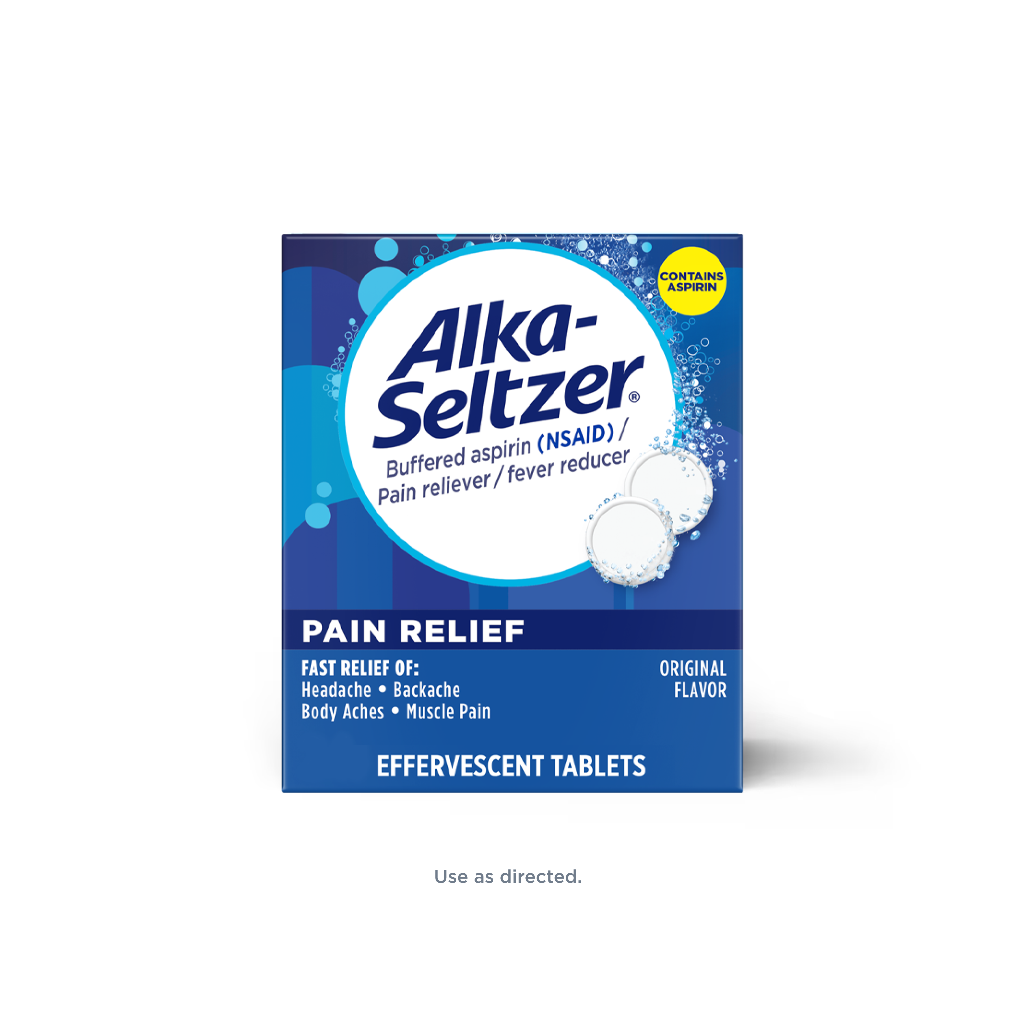 Blue carton of Alka Seltzer® Pain Relief Effervescent Tablets in original flavor for fizzy convenient pain relief.